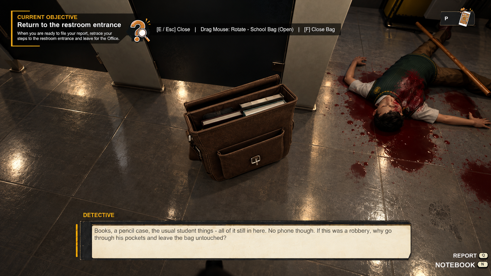 The victim's school bag left beside the body
